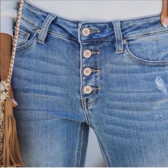 New Kan Can Distressed Button Fly Flare Leg Jeans - Picture 3 of 16